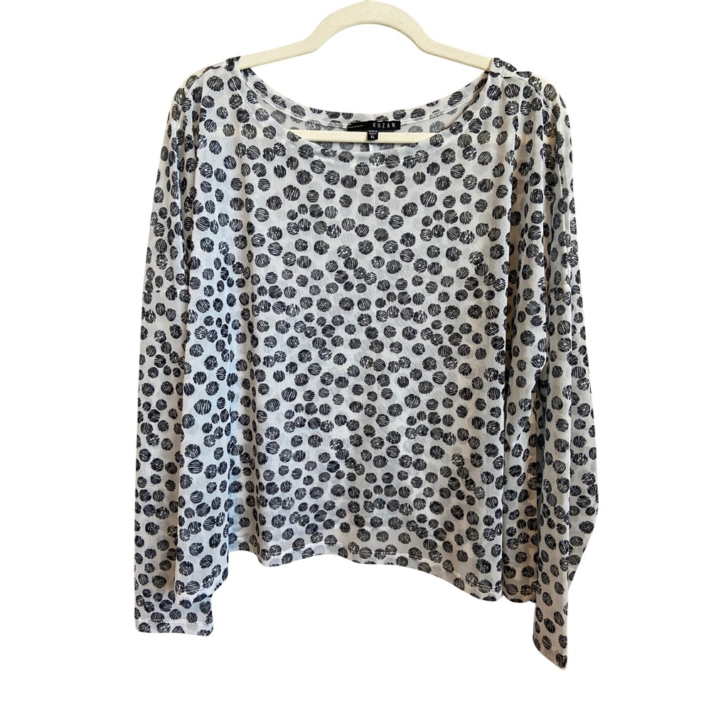 Kozan Womens XL Black White Polka Dot Mesh Boxy Long Sleeve Top Blouse Turkey